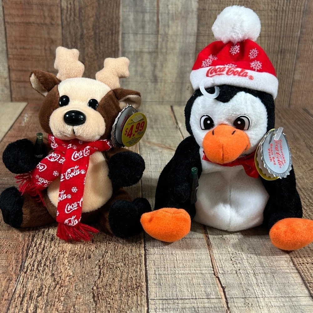 Vintage 1998 Coca-Cola Christmas Plush Reindeer Penguin Bean Bag Set Tagged
